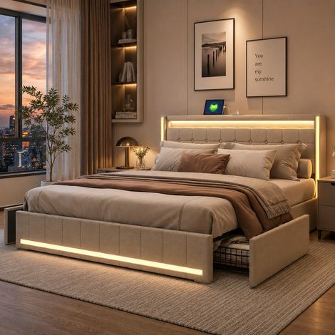 Lit Double Capitonné 180x200 cm avec 4 Tiroirs, Lit Adulte avec LED et Chargement USB, Sommier à Lattes, Tissu en Lin, Beige, matelas non inclus (1/5)