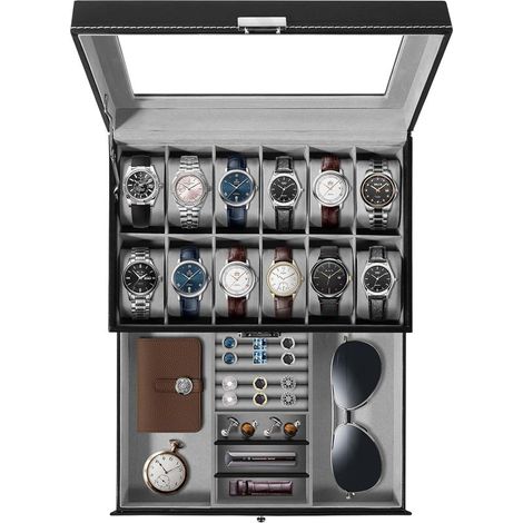 Boîte à Montres, Coffret à Montres, Présentoir à Montres Boîte à Bijoux, Rangement pour Montres en Cuir Synthétique Noir (1/4)