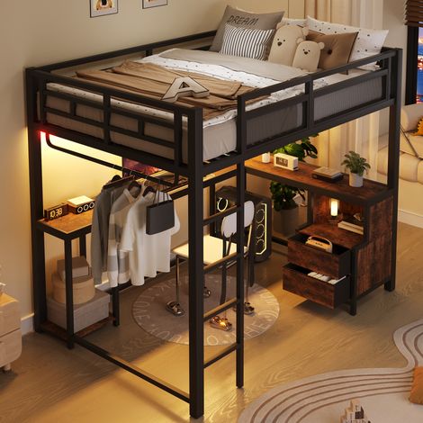 Lit Mezzanine 140x200 cm, Lit en Hauteur avec Bureau et LED, Lit Superposé Métal Noir, Prises USB et Rangements (1/5)