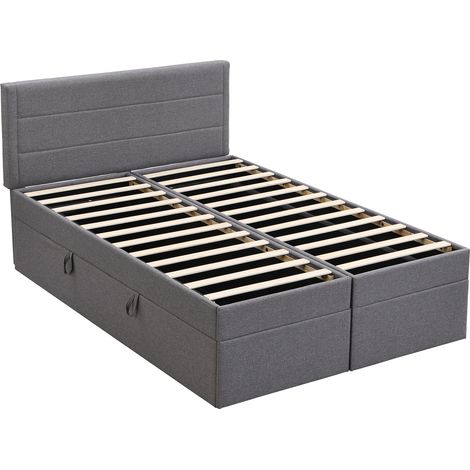 Cama doble tapizada 140x200 cm gris con almacenaje y somier elevable (1/5)