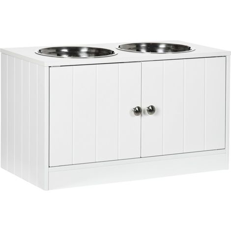 Gamelle et écuelle pour chien - Station repas surélevée avec 2 bols acier inoxydable et rangement 44L à portes magnétiques blanc
