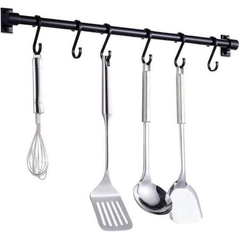 Barre d'ustensiles de cuisine murale - 40 cm avec 6 crochets amovibles (Support de porte d'étagère) (1/4)