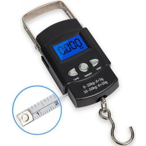 Balance de pêche portable, compacte, avec affichage clair, en acier inoxydable ABS, pratique et idéale pour les bagages, en intérieur comme en extérieur (avec mètre ruban), capacité : 50 kg / 10 g