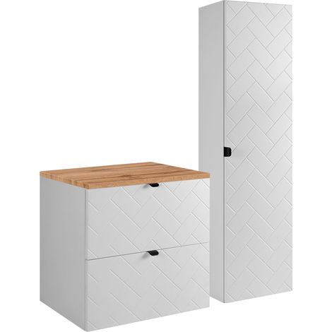 Furnidea - Ensemble un meuble sous vasque 60 cm avec le plan CHÊNE et une colonne 35/136 cm à suspendre MADIS BLANC - façades motif chevron (1/5)
