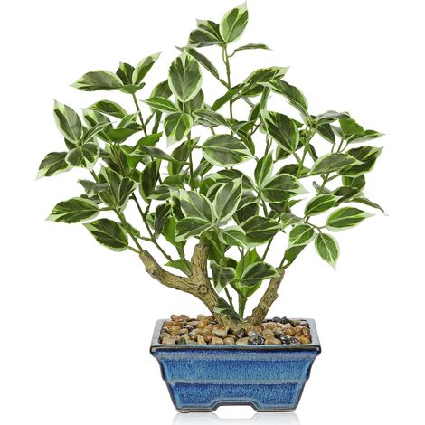 Ficus artificiel de 39 cm dans un pot en céramique bleu, bonsaï ficus blanc et vert, plantes artificielles d'intérieur pour décoration de maison et de bureau (1/5)