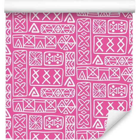 Carta da parati con motivo geometrico polinesiano, rosa cipria e viola, 50x1000 cm (1/5)