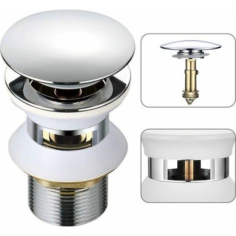 Desagüe universal para lavabo con rebosadero automático y apertura mediante pulsador, fabricado en latón cromado de 3,17 cm (1-1/4 pulgadas). (1/4)