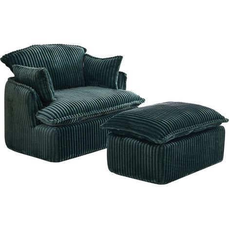 Poltrona relax compatta con pouf in velluto a coste verde 115 x 89 x 77 cm (1/5)