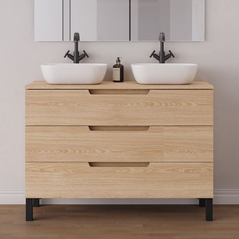 Meuble de salle de bain 120cm avec plateau et 2 vasques à poser arrondies - 3 tiroirs - sans miroir - roble era (chêne clair) - RIZA (1/5)