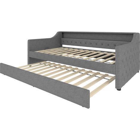 Cama nido 90 x 200 cm con cama extraíble, LED y puerto USB, lino gris (1/5)