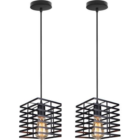 2er Pendelleuchte Quadrat Käfig, Vintage Industrielle Design Eisen Hängelampe, Retro Kronleuchter mit Lampenschirm für Wohnzimmer Esszimmer (Schwarz)