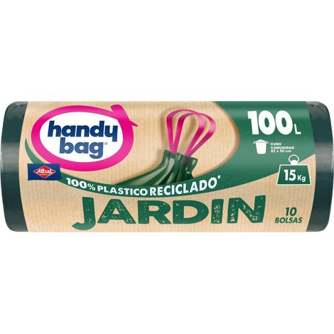 Handy Bag Bolsas de basura Jardín - Bolsas para cubo de basura de jardín, extra resistentes y antigoteo, autocierre, 100% plástico reciclado, soporta cargas hasta 15 kg, 100L, 10 unidades
