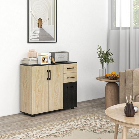 Buffet moderne avec 2 placards et 2 tiroirs en bois, 90 x 30 x 75,5 cm, noyer et noir (1/5)