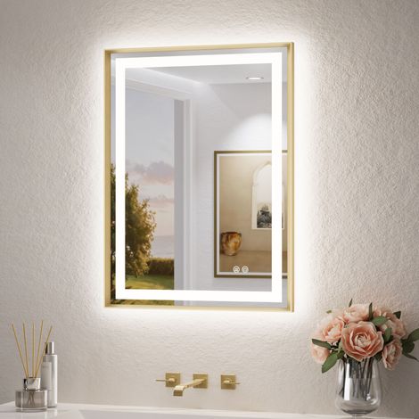 Keonjinn Badspiegel mit Beleuchtung, 60x80cm Gold Front- und Rücklicht LED Spiegel Bad mit Alurahmen 3 Lichtfarben dimmbar, Badezimmerspiegel Antibeschlag, Gehärtetes Glas, Memory, IP44