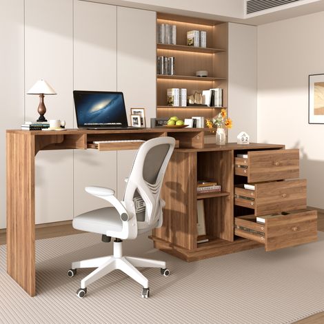 Escritorio multifuncional extensible 110x40x75.5 cm, tablero deslizante, almacenamiento integrado, MDF, nogal (1/5)