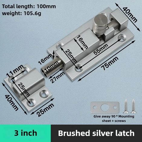 (Argent - 7,6 cm) Verrou de sécurité de porte en alliage d'aluminium, loquet de fenêtre, robuste et épais, pour portail coulissant, quincaillerie pour la maison (1/5)