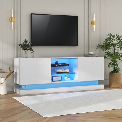 Mueble TV 160x38.5x60 cm con dos compartimentos internos cristal ajustable bisagras silenciosas acabado blanco esmerilado (1/5)