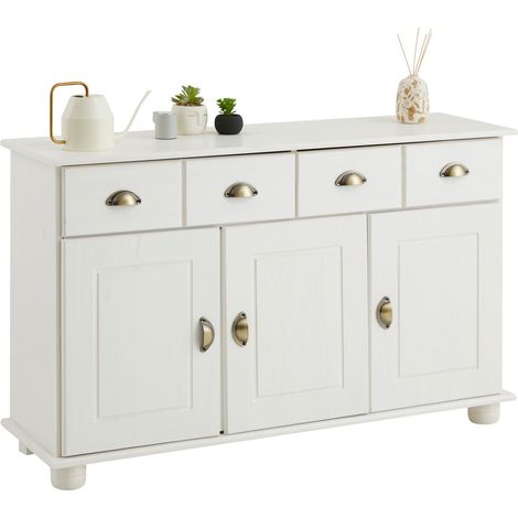 Idimex – Buffet en pin massif blanc – 3 portes battantes – 2 tiroirs – Dimensions 74 x 116 x 35 cm – Poignées coquilles en métal bronze (1/4)