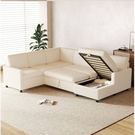 Sofá cama esquinero en U de corduroy beige con almacenamiento y función cama, 274x220x85 cm (1/5)