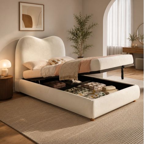 Letto singolo 90x200 cm beige in velluto con testiera imbottita e vano contenitore (1/5)
