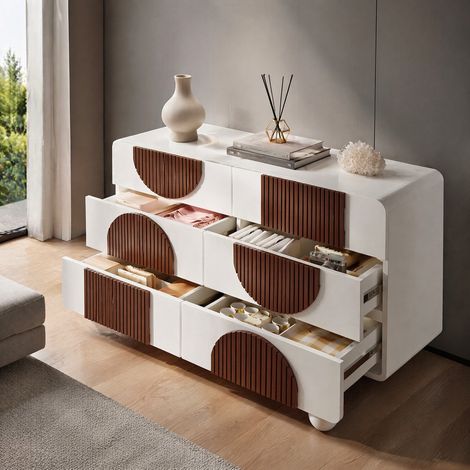 Kommode mit 6 Schubladen, geschwungenes Design, 121 x 71 x 41 cm, Weiß HAVRYA (1/5)