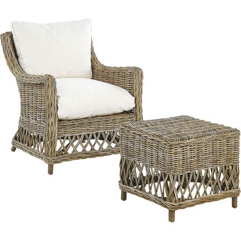 Poltrona da giardino in rattan naturale con cuscini in cotone bianco Ribolla