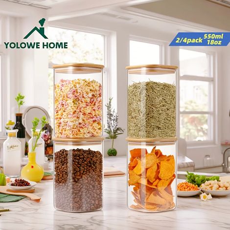 (550 ml - 4 bouteilles) Bocaux de rangement en verre avec couvercles en bambou, adaptés pour conserver les grains de café, les bonbons et les flocons d'avoine. (1/5)
