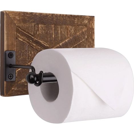 Toilettenpapierhalter aus Holz – Badezimmerdeko im Landhausstil – Warmbraunes Holz und schwarze Metallaccessoires