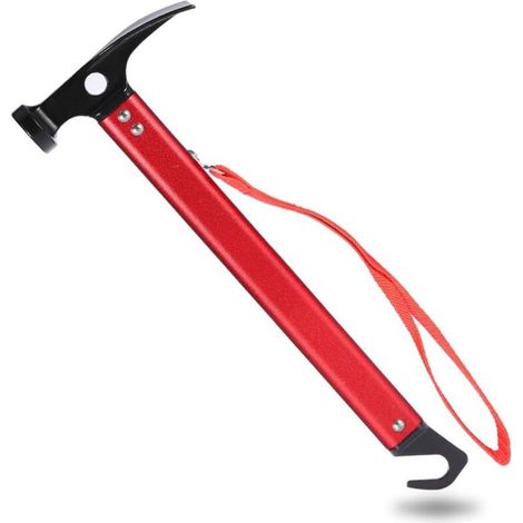 Marteau de camping multifonctionnel, marteau léger en aluminium pour piquets de tente avec crochet et extracteur de piquets, idéal pour le camping, la randonnée et l'alpinisme (rouge) (1/5)