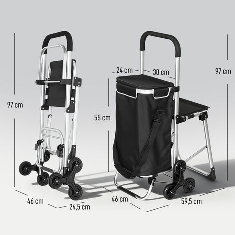 Chariot de courses pliable caddie de courses portable à roulettes avec siège pliable, sac amovible, 46x59,5x97cm, noir (1/5)