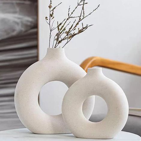 Vase en céramique CHIWIN - Ensemble de 2 vases ronds couleur crème mate - Vase décoratif en forme de donut pour herbes de la pampa et fleurs séchées - Cadeau minimaliste et décoration intérieure pour (1/5)