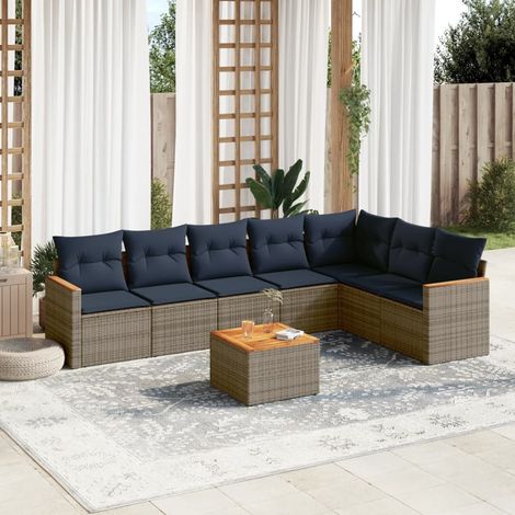 Salon de jardin 8 pièces en rotin PE tressé gris avec coussins bleu marine - PANGIVO (1/5)
