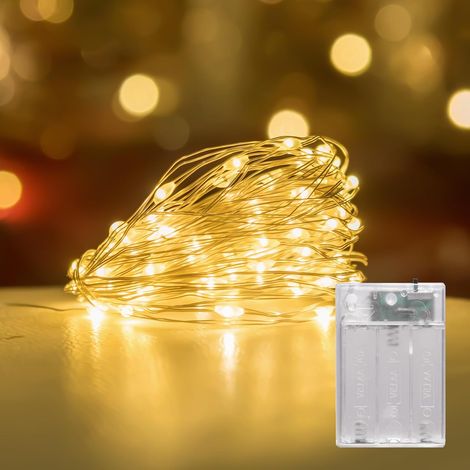Guirlande lumineuse à piles - Avec fonction de minuterie - Micro LED - Pour Noël, chambre à coucher, fête, mariage, Halloween - Blanc chaud - 10 m (minuterie) (1/5)