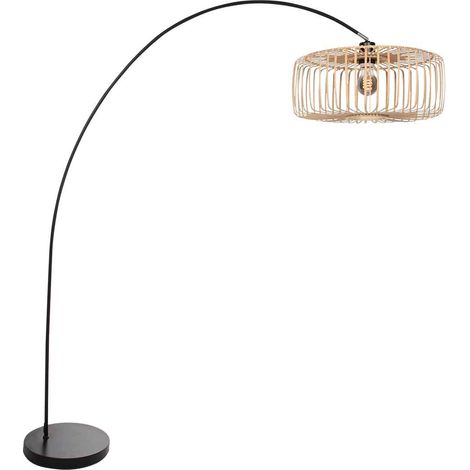 Lampadaire arc noir en métal et bambou – Hauteur 185 cm – Abat-jour 40 cm – Pour intérieur bohème – Mexlite