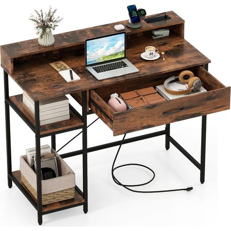 Computer Desk with Power Outlets and Top Shelf Home Office Study Writing Desk (1/4)