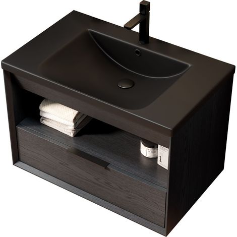 Mobile Bagno Sospeso 74.5x46.5x51.5 cm con Lavabo, Preassemblato, con Ripiano e Cassetto, in Compensato Nero (1/5)