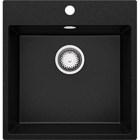 PRIMAGRAN Evier Cuisine en Granit 48x50cm, Lavabo 1 bac + Kit de Vidage, Évier à Encastrer au meuble 50cm - Riga, Noir