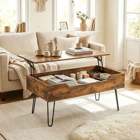 Table Basse Relevable en Bois avec Grand Rangement Caché, Hauteur Réglable, 95 x 50 x 40 cm, Marron Rustique (1/5)
