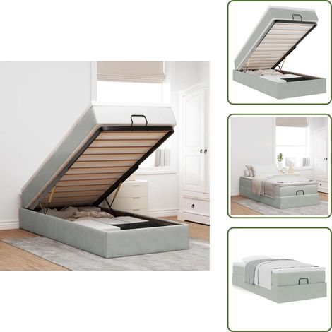 Taschenfederkern - vidaXL Ottoman-Bett mit Matratze Hellgrau 90x200 cm Samt - Stauraum (1/5)