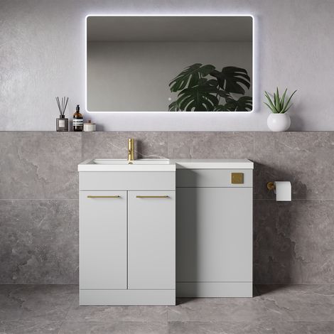 Napoli 390 Gloss Grey Pearl 1100mm 2 Door Vanity Unit Toilet Suite with Square Left Hand Lucia Basin - 1100mm - Brushed Brass 160mm HandleWithout Kingston Toilet Pan