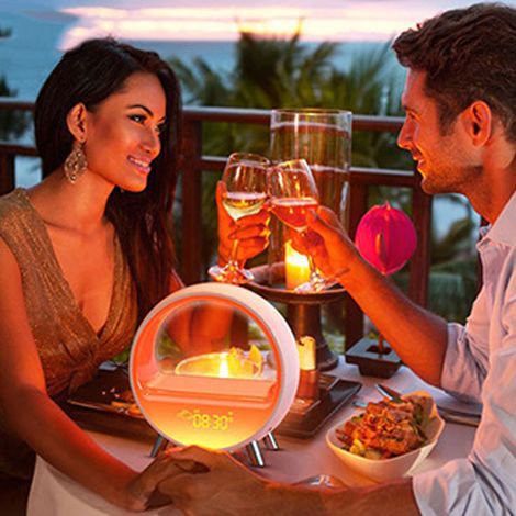 Intelligenter Sonnenaufgangswecker mit siebenfarbiger Umgebungsbeleuchtung, Bluetooth-Lautsprecher, Nachttischlampe, Wecker und Nachtlicht. (1/5)
