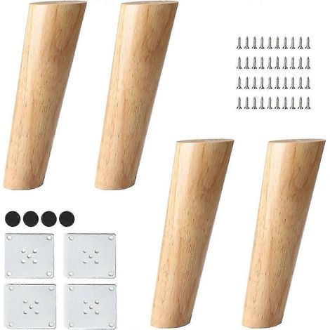 Pieds de meubles en bois, ensemble de 4 pieds de rechange coniques en chêne massif de 20 cm (8 pouces), avec plaque de montage, vis et patins de protection pour le sol. (1/5)