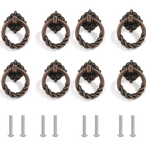 Lot de 8 poignées d'armoire rétro en alliage de zinc - Poignées de meubles vintage - Poignées de tiroir - Anneaux avec vis - Pour cuisine, inclinée, coiffeuse (bronze) (1/5)