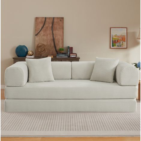 Canapé convertible 2 places en velours côtelé beige, 2 matelas, 2 coussins, structure acier chromé (1/5)