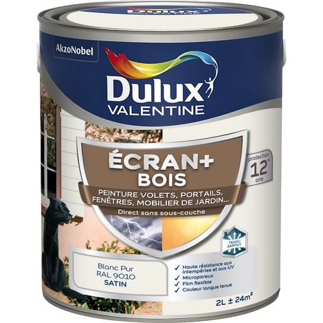 ECRAN+ BOIS - Peinture satinée pour bois extérieur - Volets, portes, fenêtres, portails - Blanc Pur 2 L - Dulux Valentine
