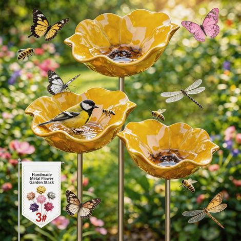 3 pezzi di vaschetta per uccelli in metallo con fiori, spiedini da giardino fatti a mano, vaschette per uccelli resistenti all'inverno e acqua anti-insetti, vaschetta per uccelli da giardino e patio 3 (1/5)