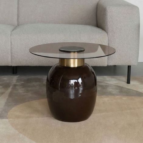 Table d'appoint ronde 50x50x42 cm en verre fumé et métal marron (1/5)