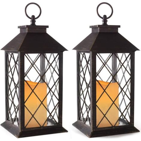 Lot de 2 lanternes à bougies vintage de avec bougie sans flamme scintillante à DEL (noir) - Lanterne à bougie à énergie solaire pour l'extérieur - Lanterne décorative suspendue pour patio - Lant (1/5)