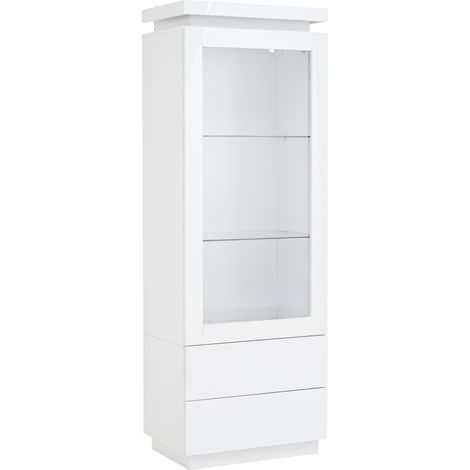 Vitrine blanche laquée 60 x 40 x 171 cm avec LED, 2 tiroirs, porte en acrylique transparent, étagères en verre trempé (1/5)