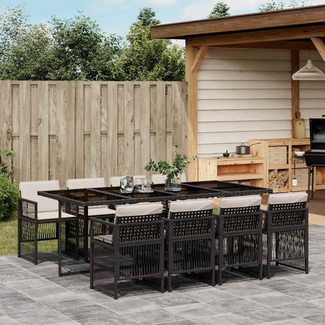 Ensemble de Table Extensible Jardin 9 Pièces Noir Résine Tressée avec Coussins Crème et Verre Trempé - 220x106 cm (1/5)